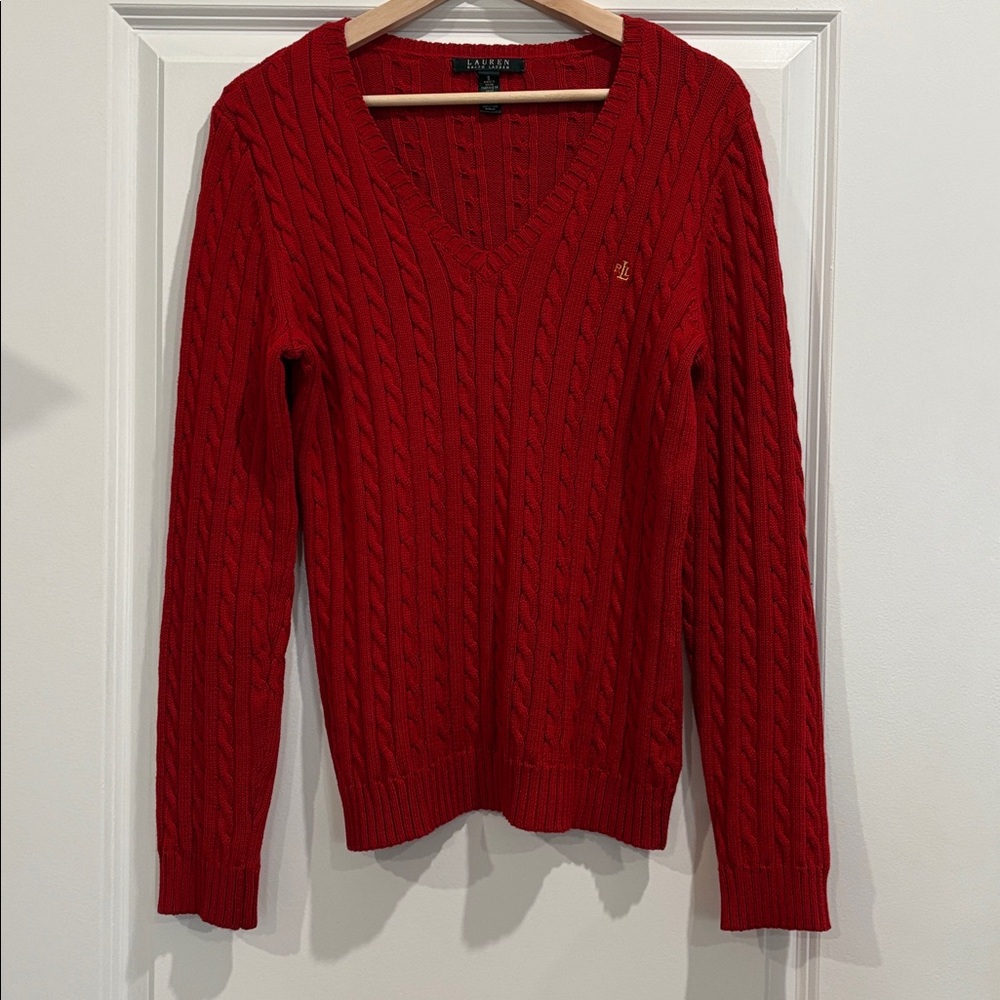 Lauren Ralph Lauren Cable-Knit Sweater V- Neck Pullover Cotton LRL Red Size S